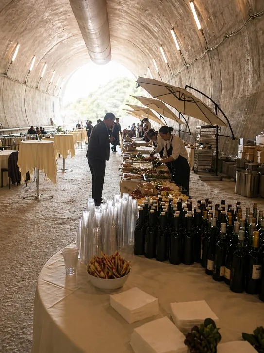 Banchetto allestito per centinaia di ospiti con tavoli imbanditi